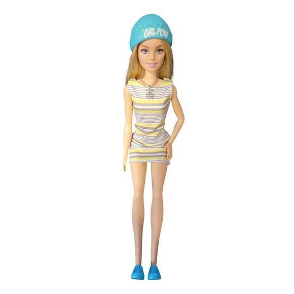 Barbie Doll Striped Dress Girl Power Hat Necklace Blue Shoes Outfit - Picture 4 of 11